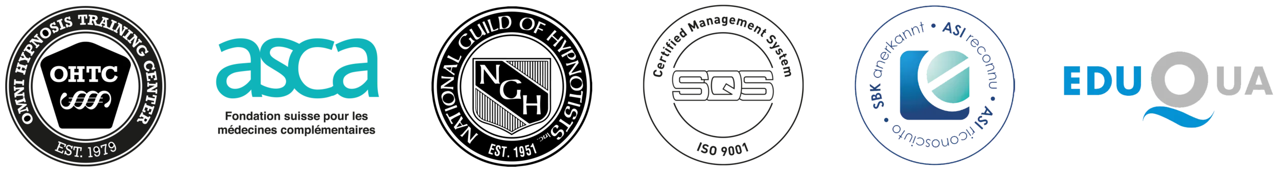 Logos des reconnaissances : OMNI Hypnosis Training Center, ASCA, National Guild of Hypnotists, SQS ISO 9001, ASI / SBK, EduQua